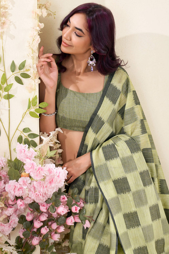 Thistle Green Zari Woven Linen Silk Saree