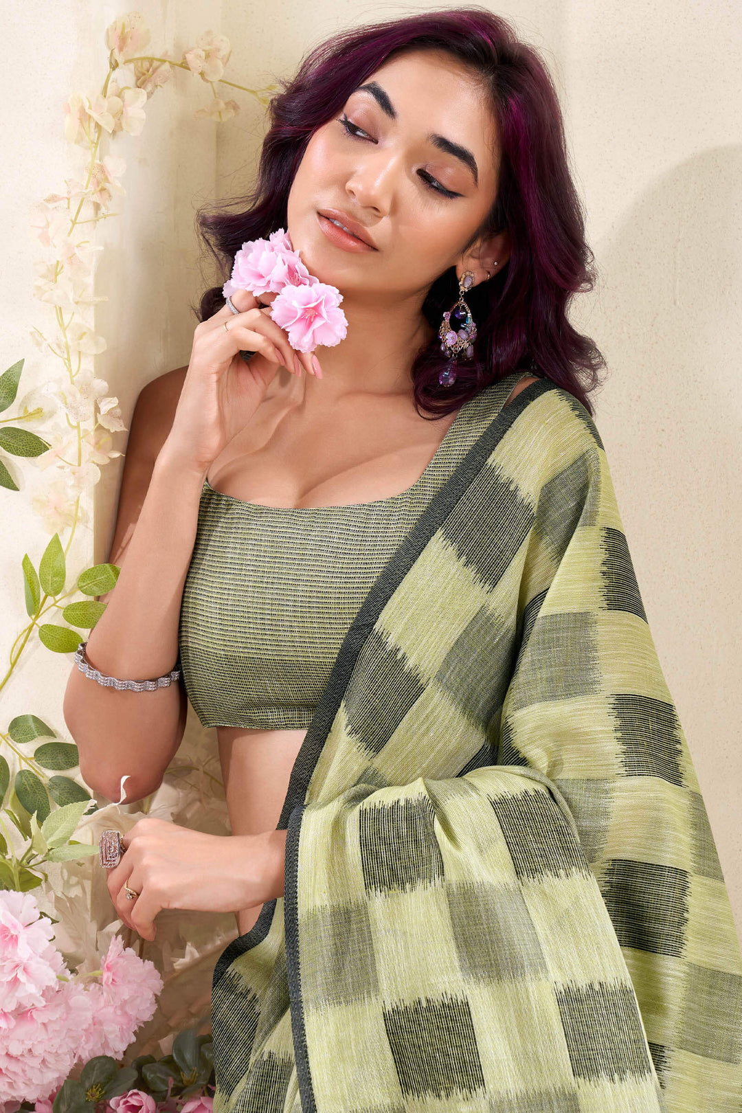 Thistle Green Zari Woven Linen Silk Saree