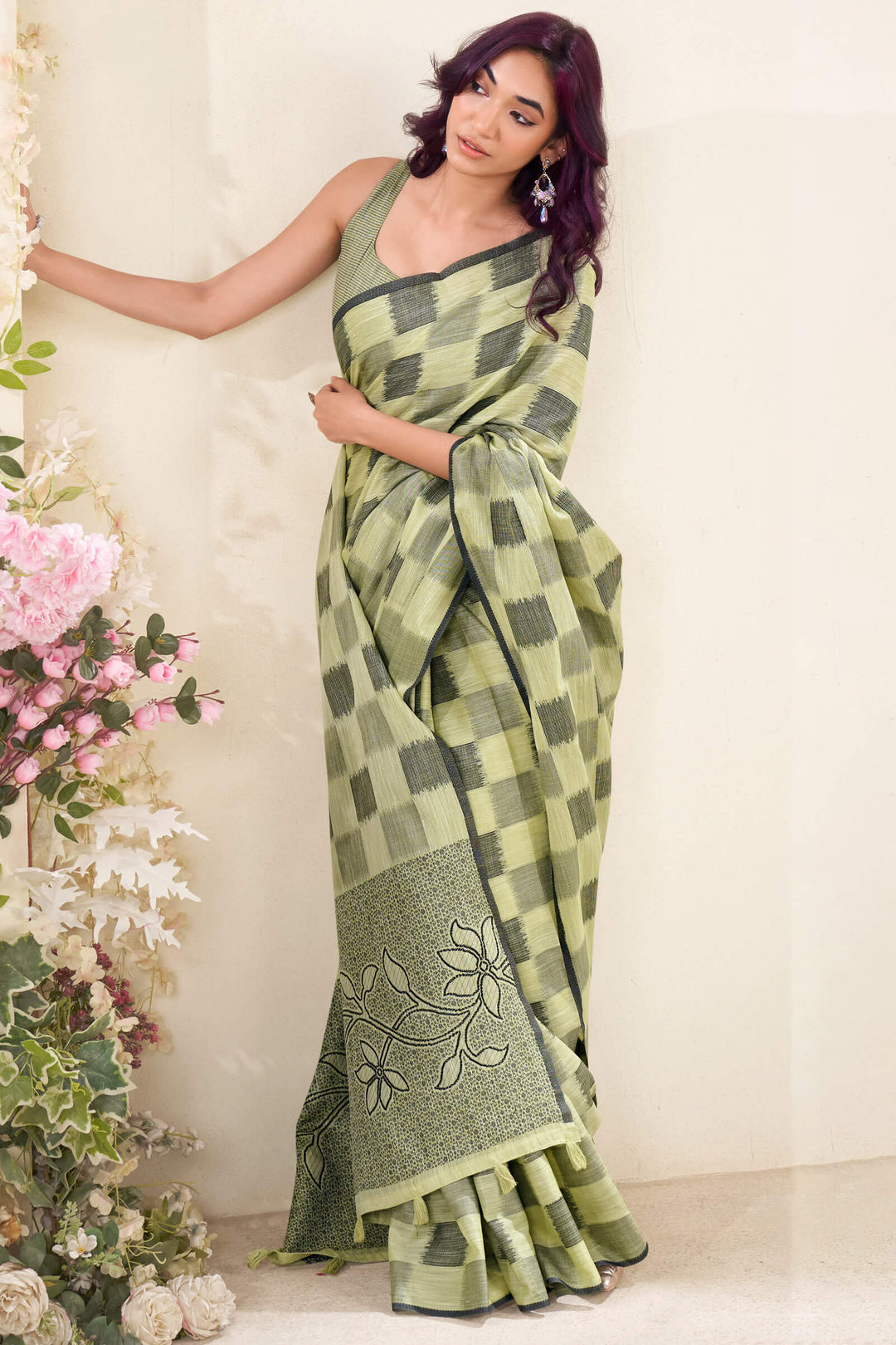 Thistle Green Zari Woven Linen Silk Saree