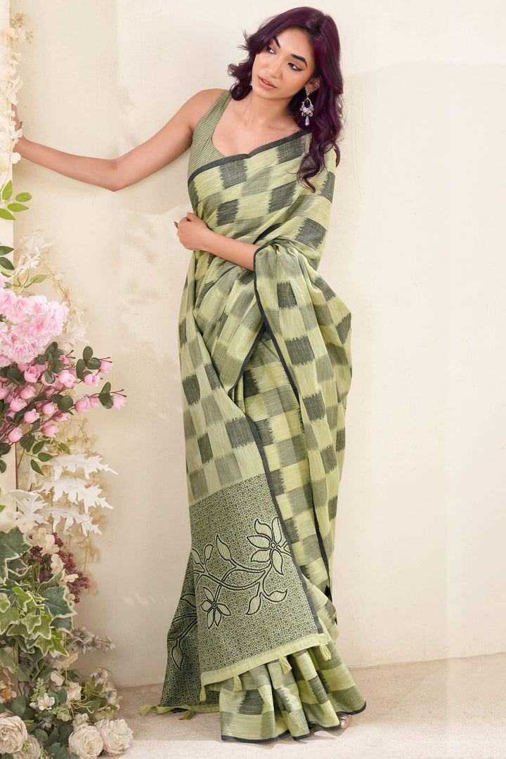 Thistle Green Zari Woven Linen Silk Saree