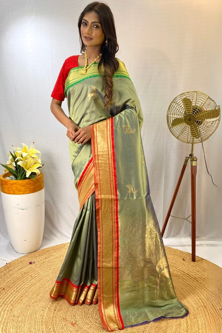 Thistle Green Zari Woven Paithani Silk Saree