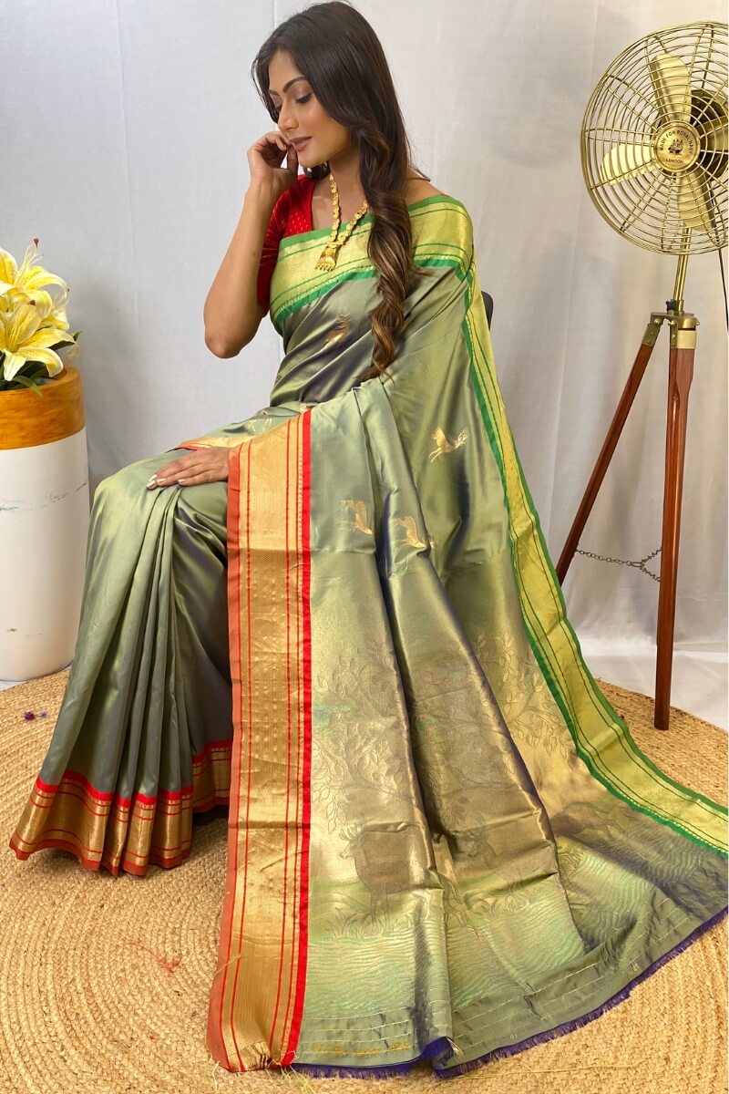 Thistle Green Zari Woven Paithani Silk Saree