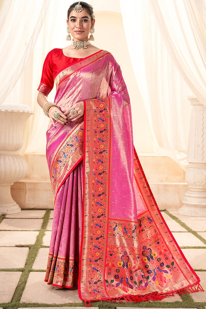 Thulian Pink Paithani Tissue Silk Saree