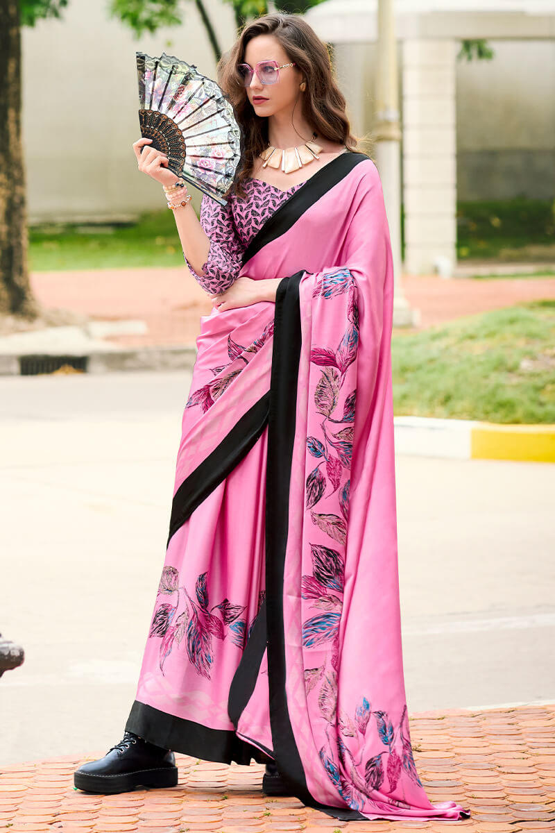 Thulian Pink Printed Satin Crape Silk Saree