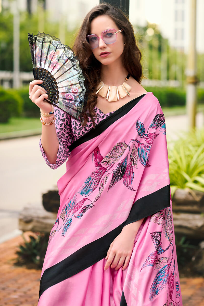 Thulian Pink Printed Satin Crape Silk Saree