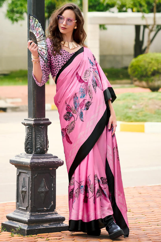 Thulian Pink Printed Satin Crape Silk Saree