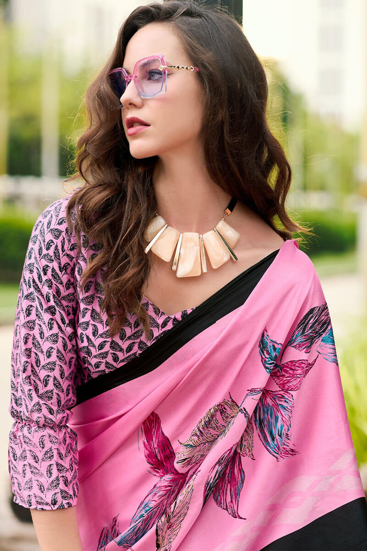 Thulian Pink Printed Satin Crape Silk Saree