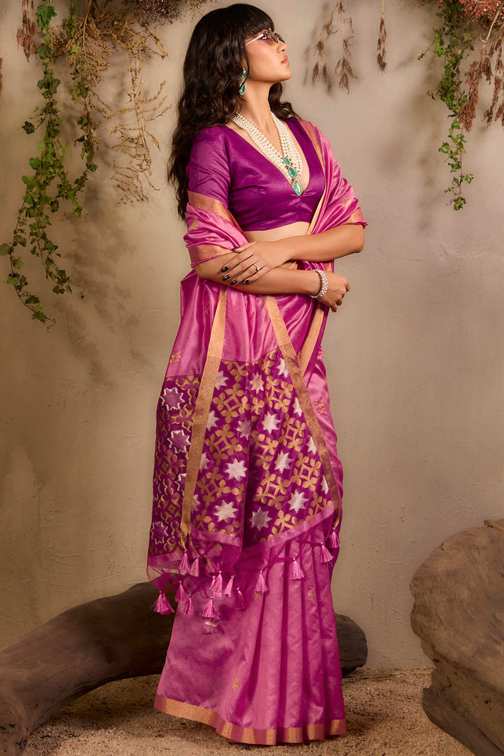Thulian Pink Woven Tussar Silk Saree