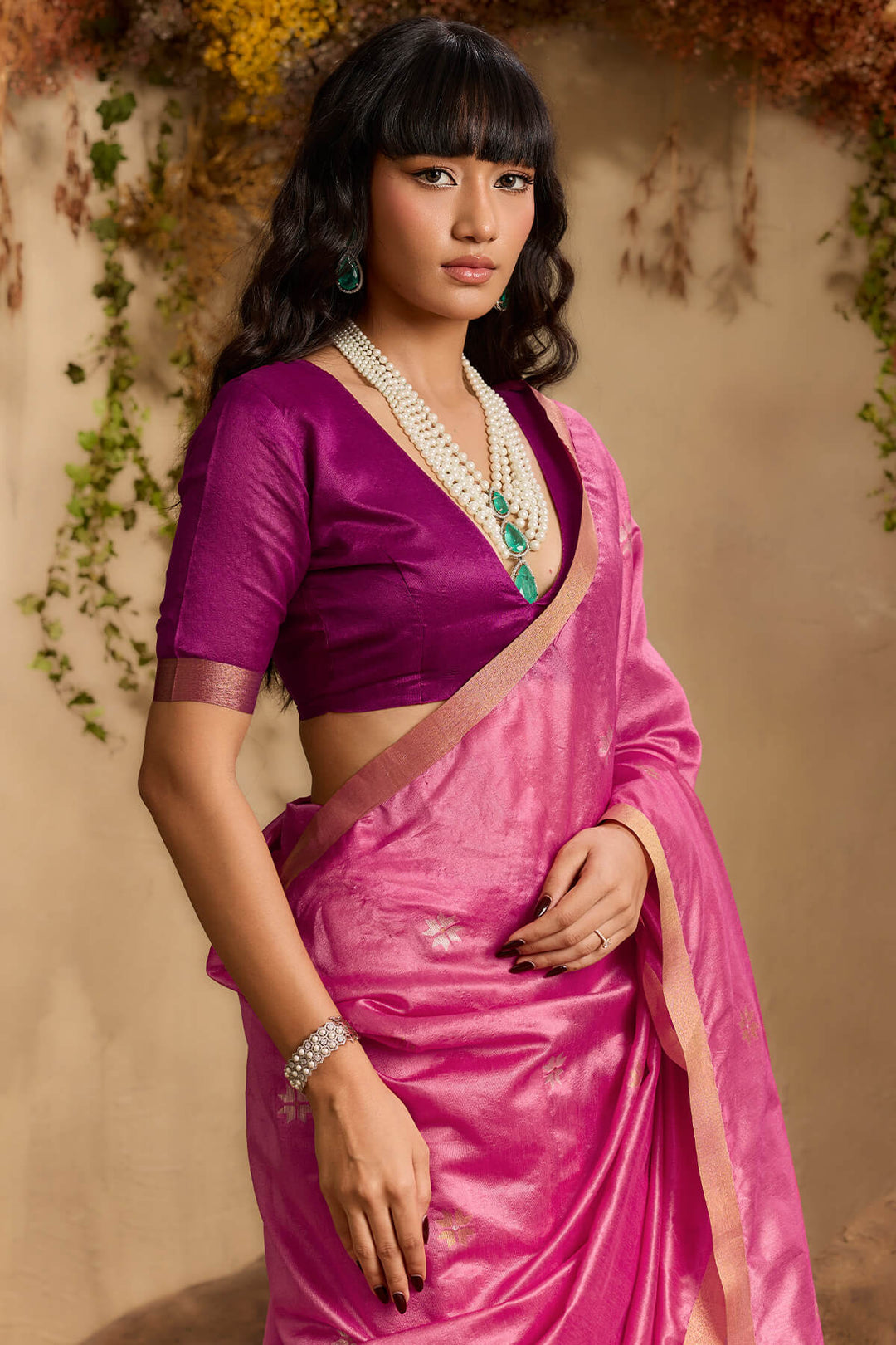 Thulian Pink Woven Tussar Silk Saree