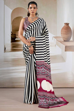 Thunder Black Ajrakh Printed Satin Crepe Silk Saree