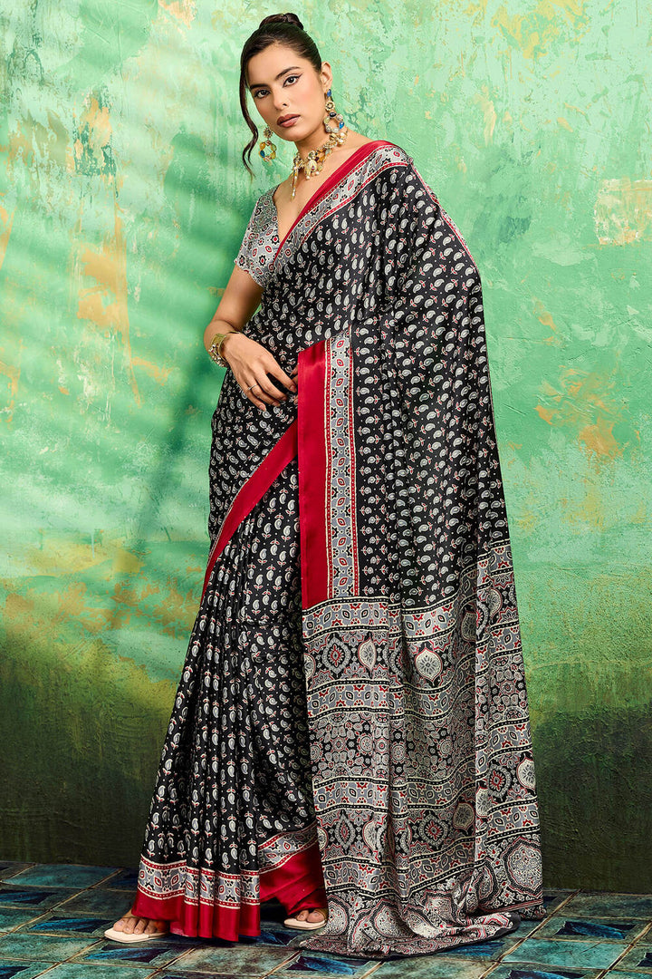 Thunder Black Ajrakh Printed Satin Silk Saree
