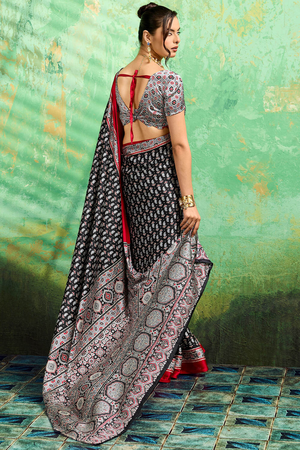 Thunder Black Ajrakh Printed Satin Silk Saree
