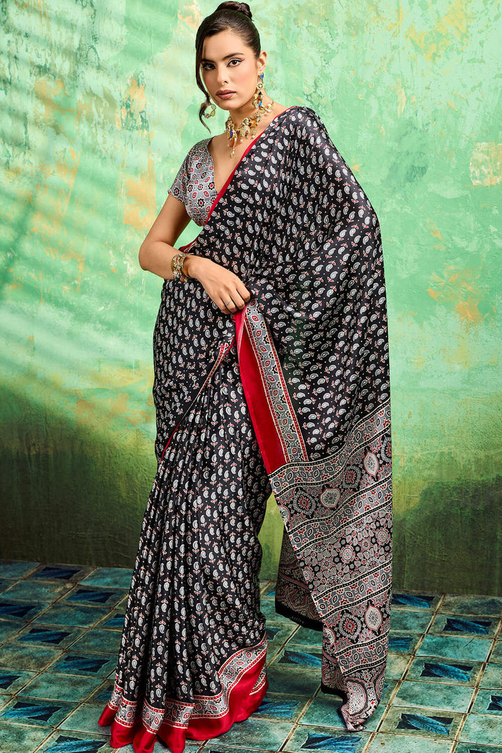 Thunder Black Ajrakh Printed Satin Silk Saree