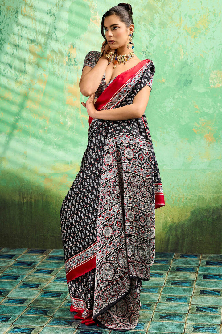 Thunder Black Ajrakh Printed Satin Silk Saree
