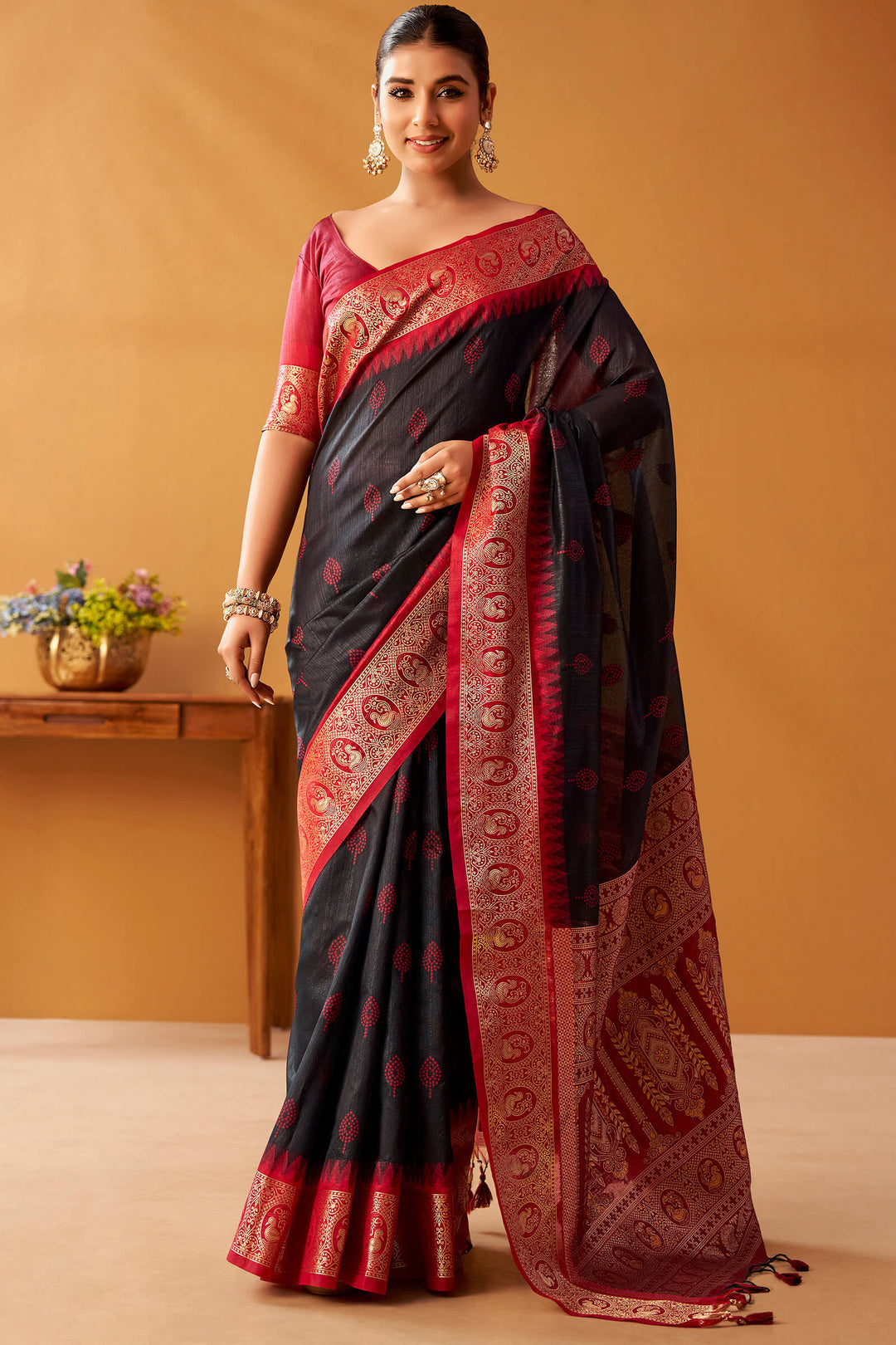 Thunder Black Cotton Modal Silk Saree with Pochampally Border and Pallu
