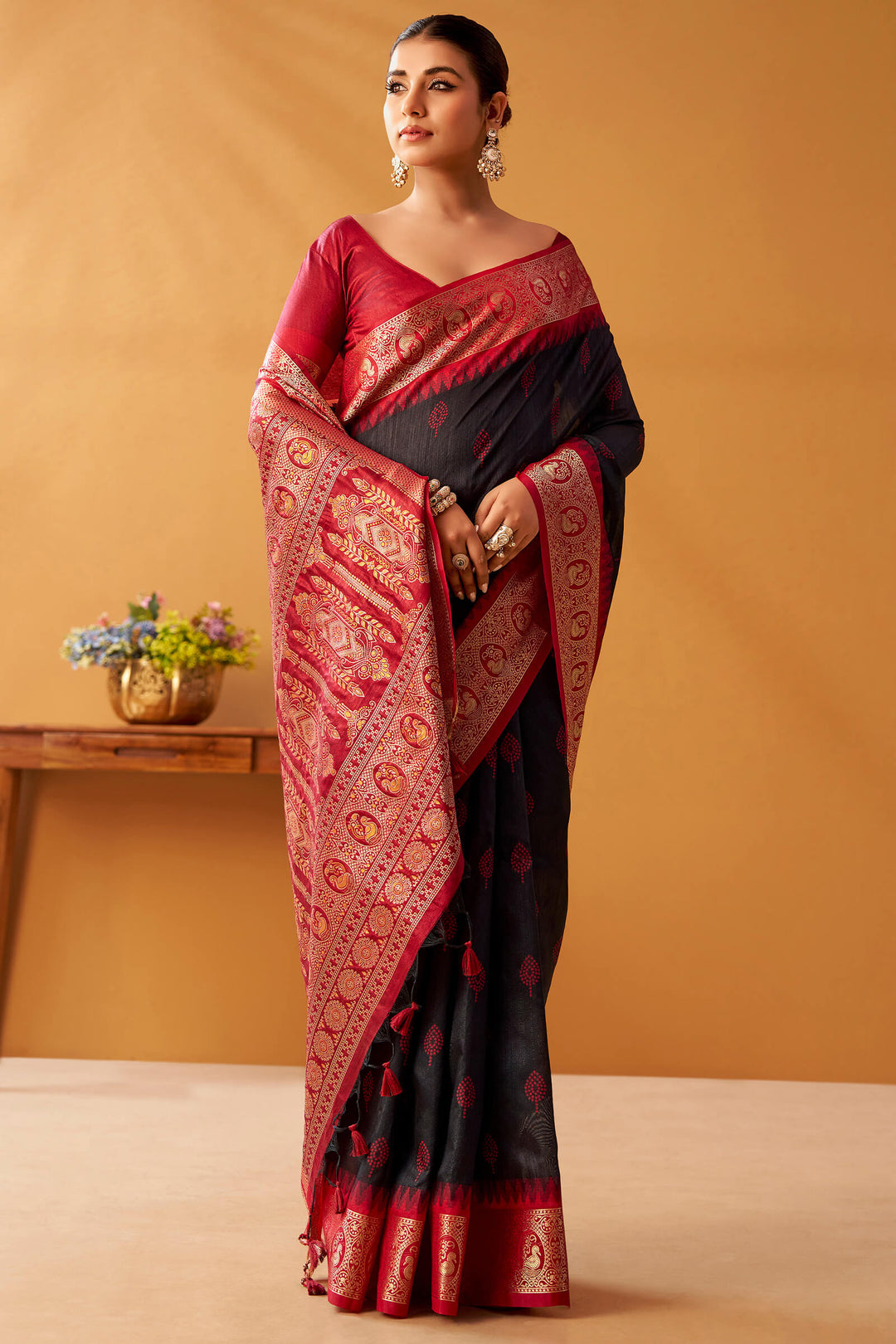 Thunder Black Cotton Modal Silk Saree with Pochampally Border and Pallu