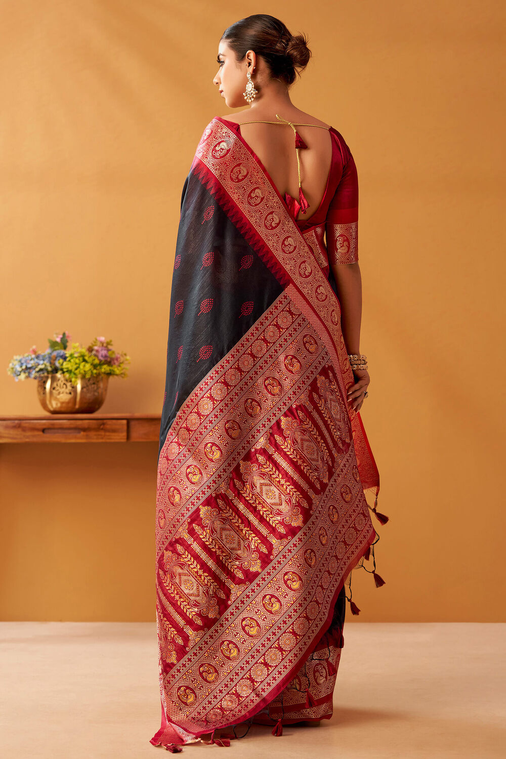 Thunder Black Cotton Modal Silk Saree with Pochampally Border and Pallu