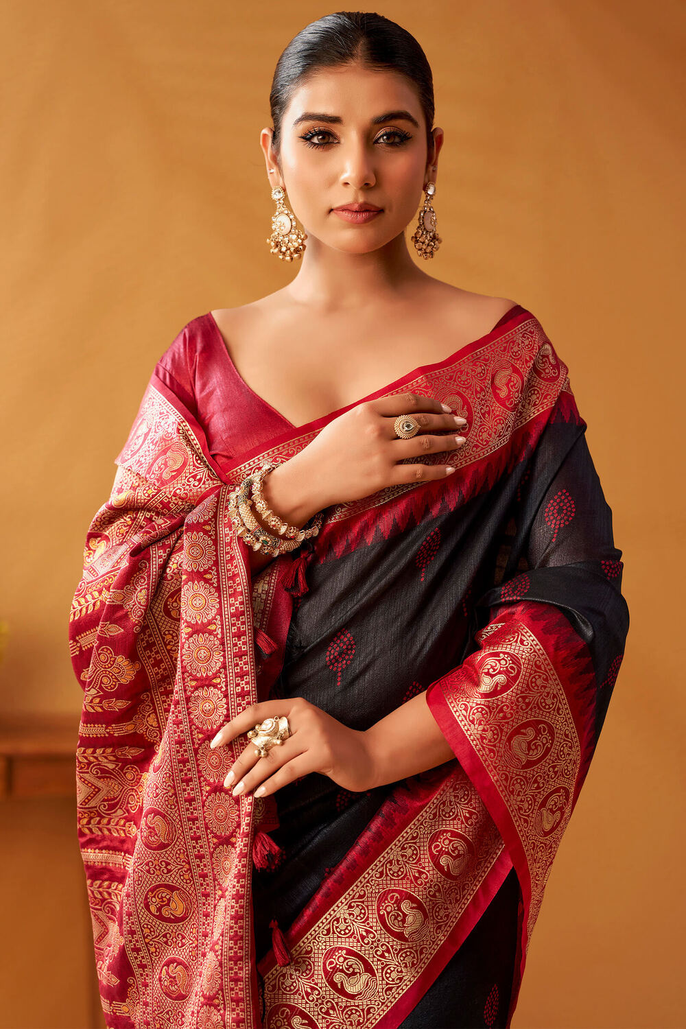 Thunder Black Cotton Modal Silk Saree with Pochampally Border and Pallu