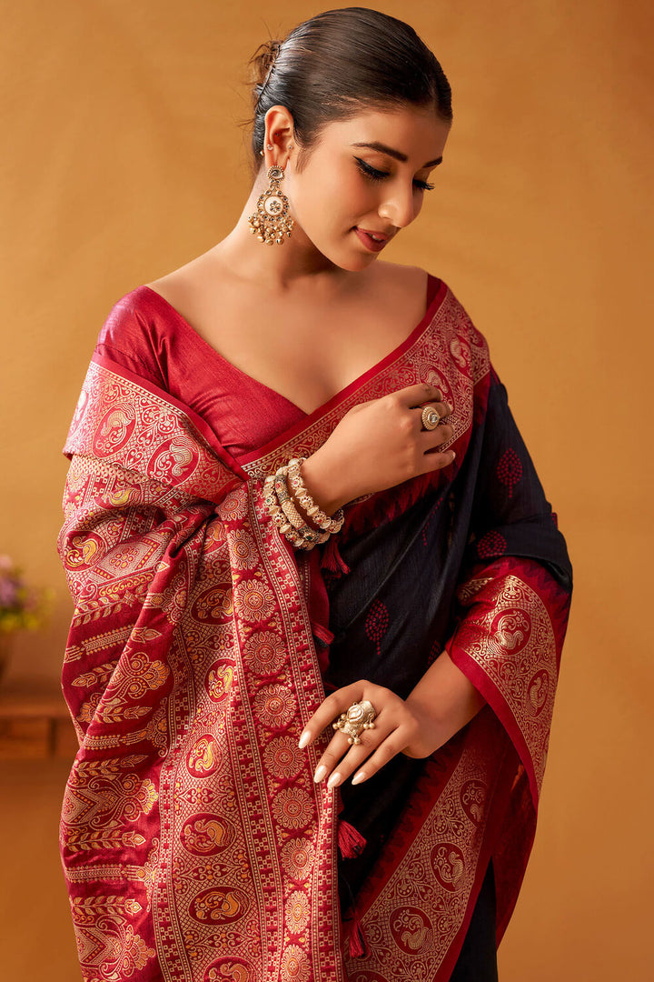 Thunder Black Cotton Modal Silk Saree with Pochampally Border and Pallu