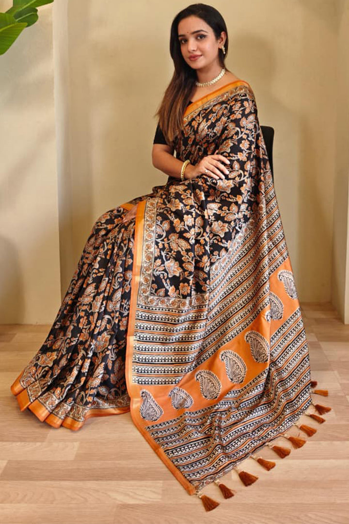 Thunder Black Digital Printed Dola Viscose Saree