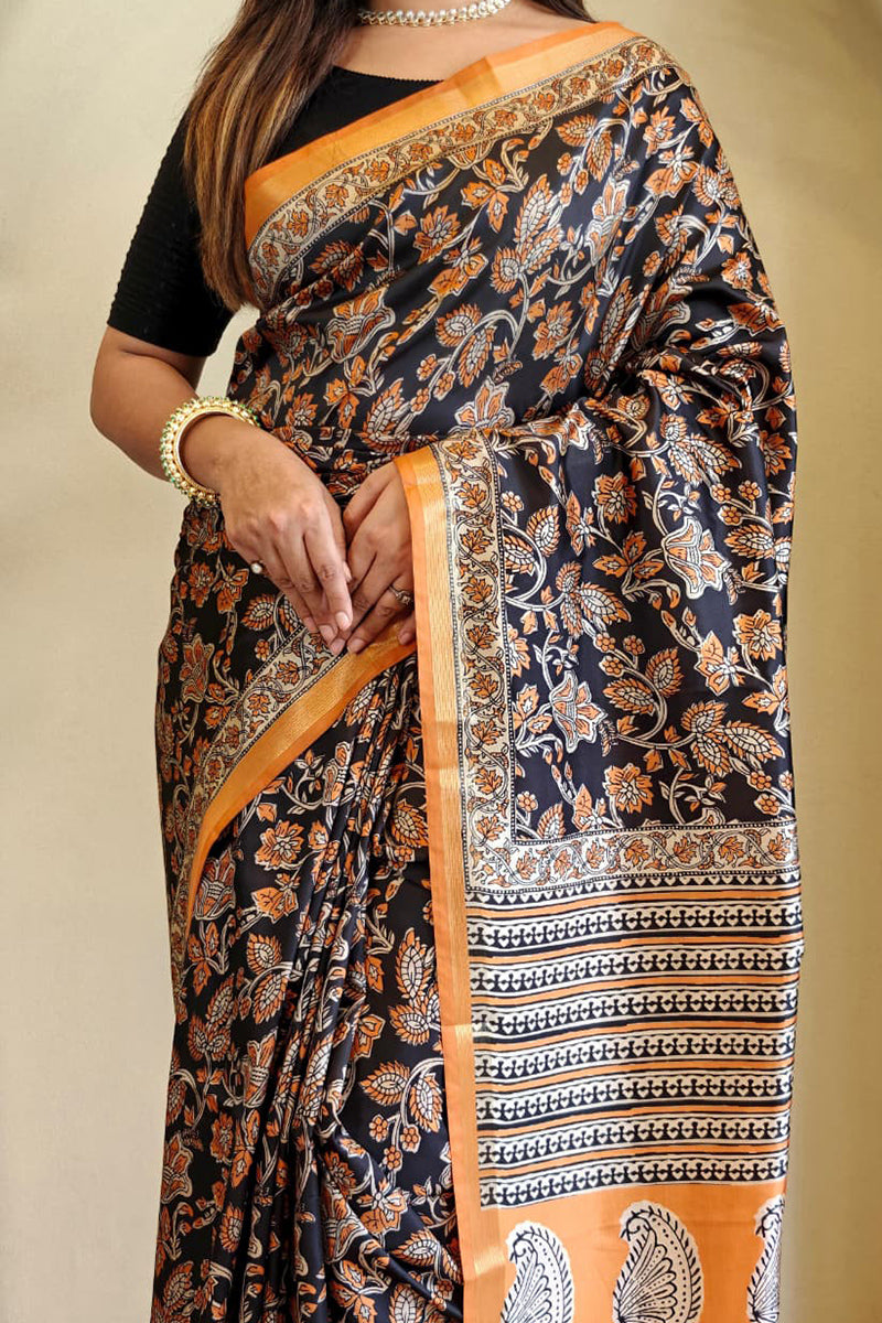 Thunder Black Digital Printed Dola Viscose Saree