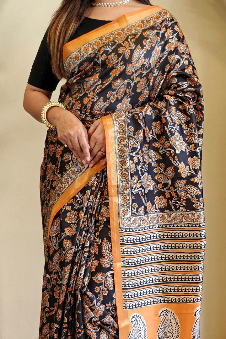 Thunder Black Digital Printed Dola Viscose Saree