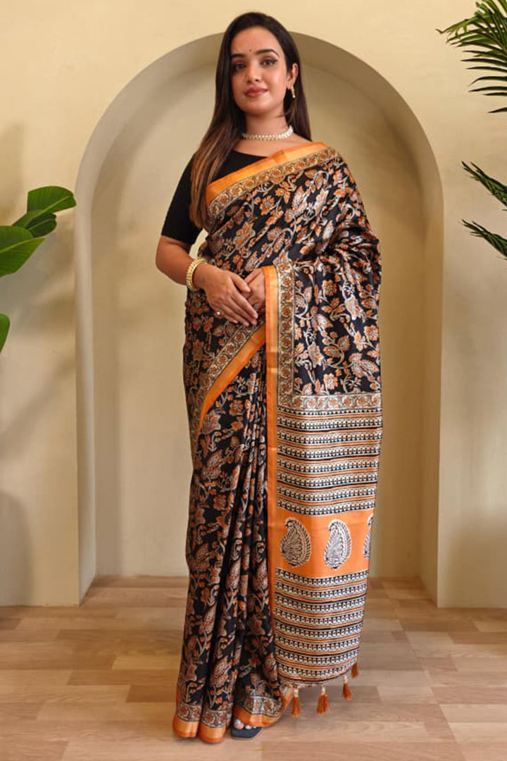 Thunder Black Digital Printed Dola Viscose Saree
