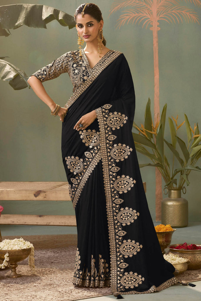 Thunder Black Gota Patti Embroidery Work Saree With Designer Blouse Piece