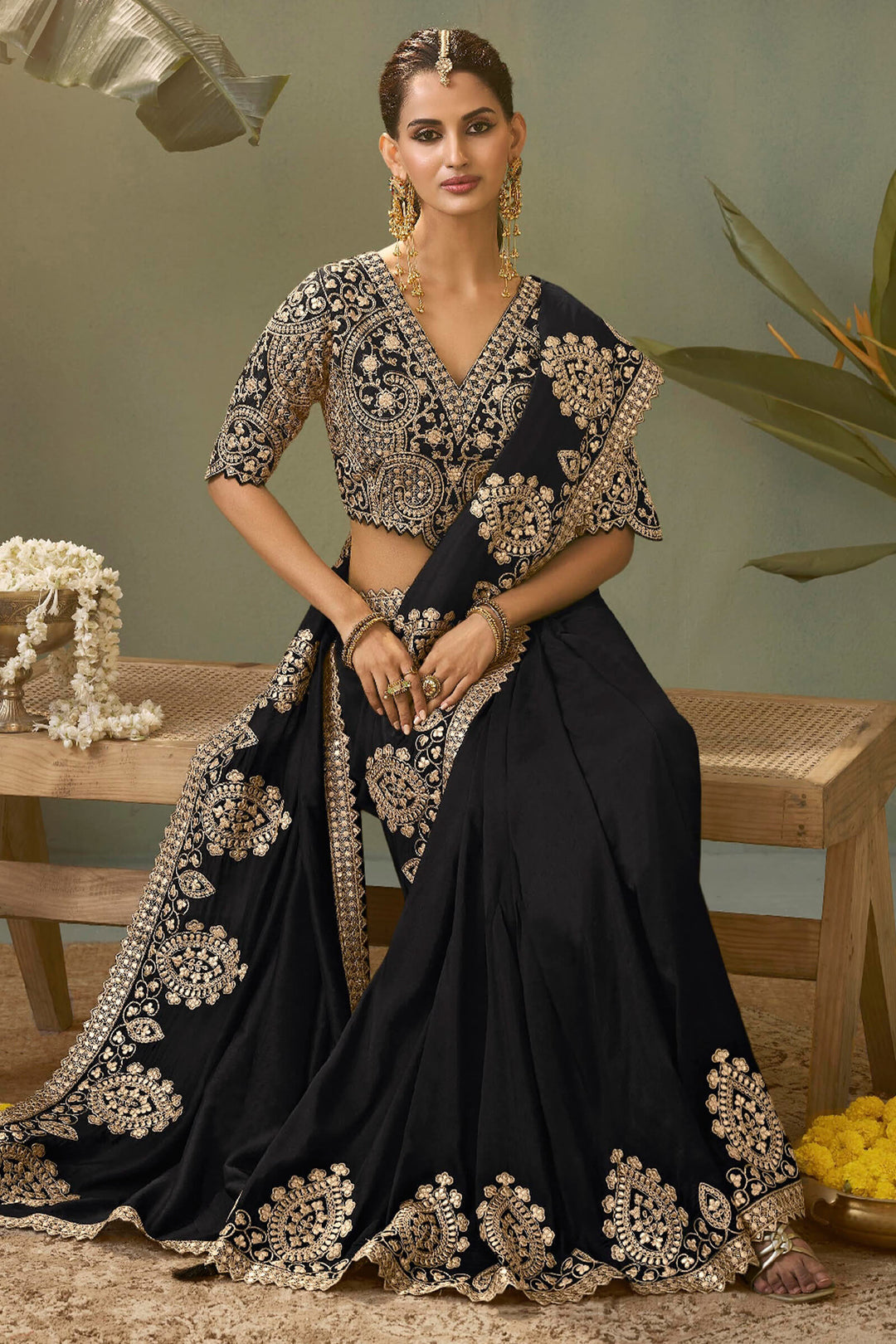 Thunder Black Gota Patti Embroidery Work Saree With Designer Blouse Piece