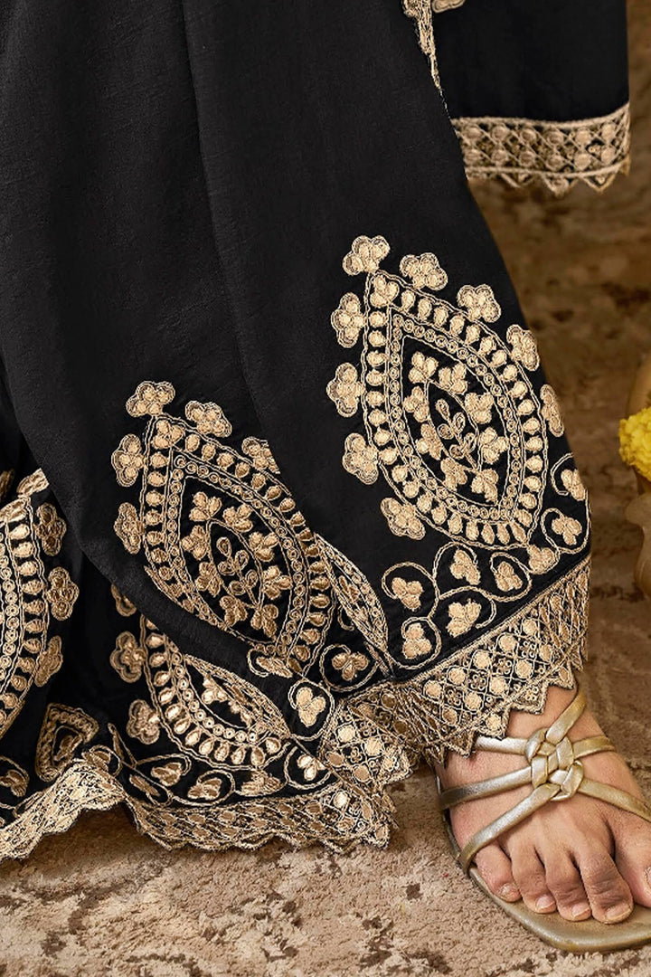 Thunder Black Gota Patti Embroidery Work Saree With Designer Blouse Piece