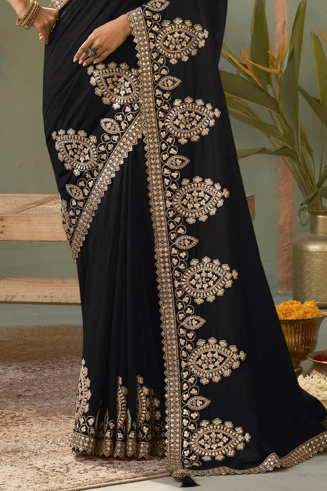 Thunder Black Gota Patti Embroidery Work Saree With Designer Blouse Piece