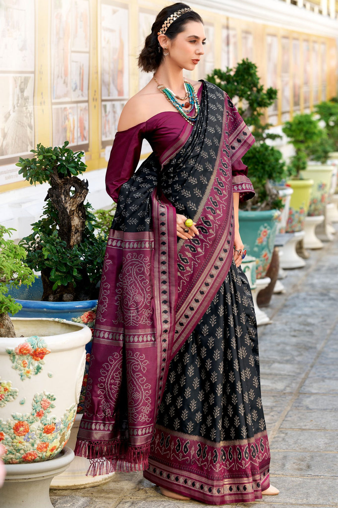 Thunder Black Soft Ikkat Silk Saree