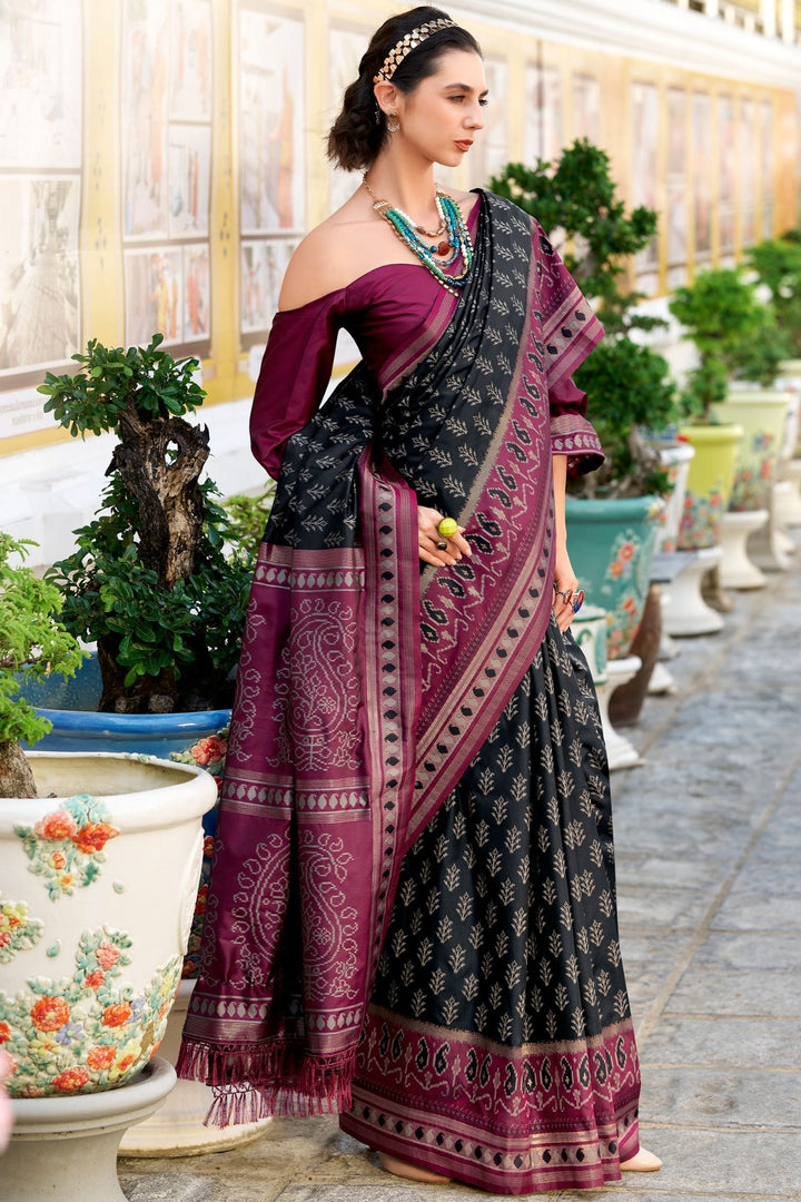 Thunder Black Soft Ikkat Silk Saree