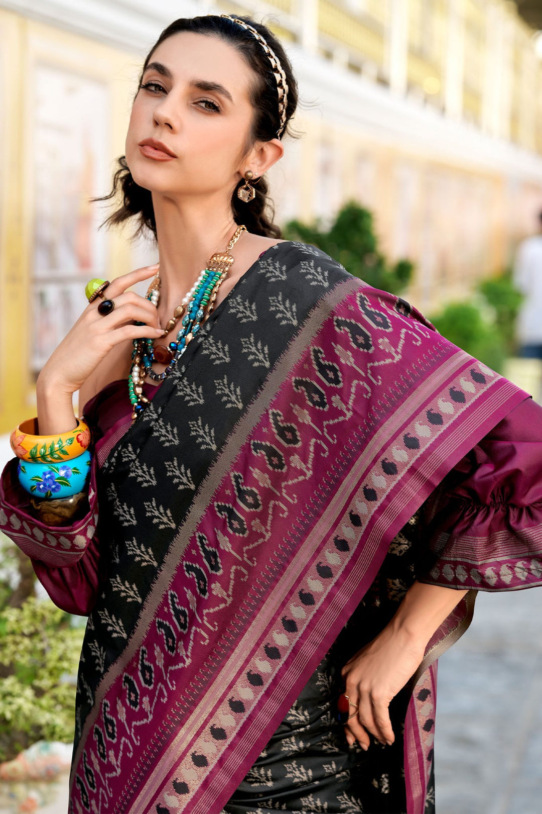 Thunder Black Soft Ikkat Silk Saree