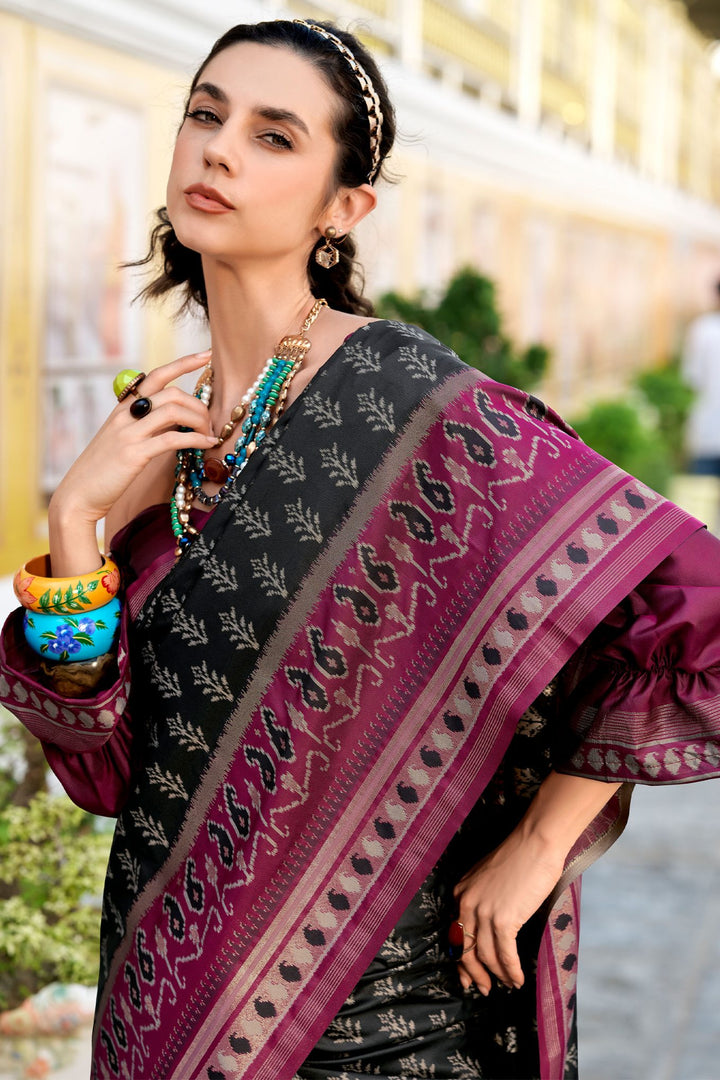 Thunder Black Soft Ikkat Silk Saree