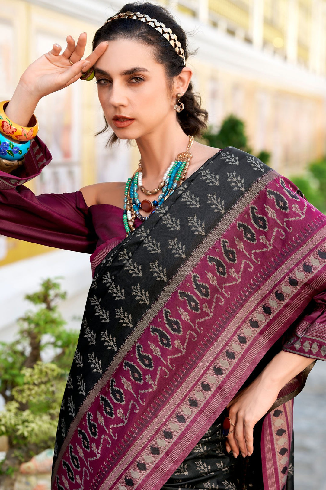 Thunder Black Soft Ikkat Silk Saree