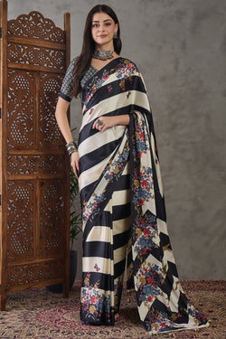 Thunder Black Stripe Printed Satin Silk Saree