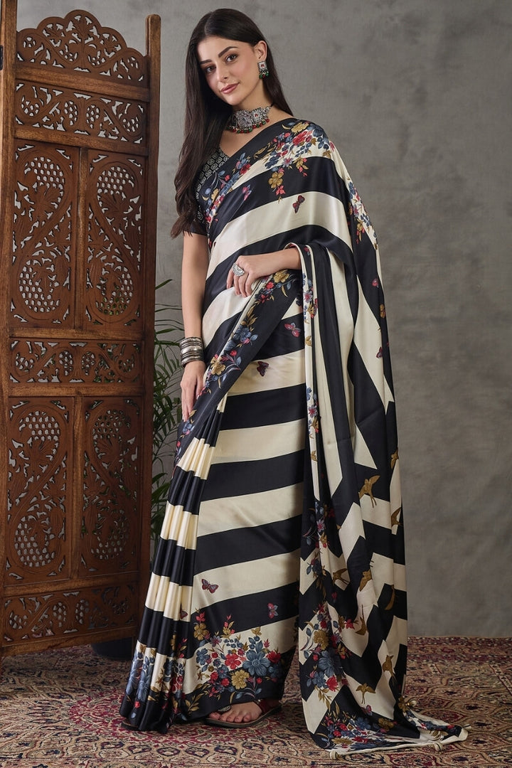 Thunder Black Stripe Printed Satin Silk Saree