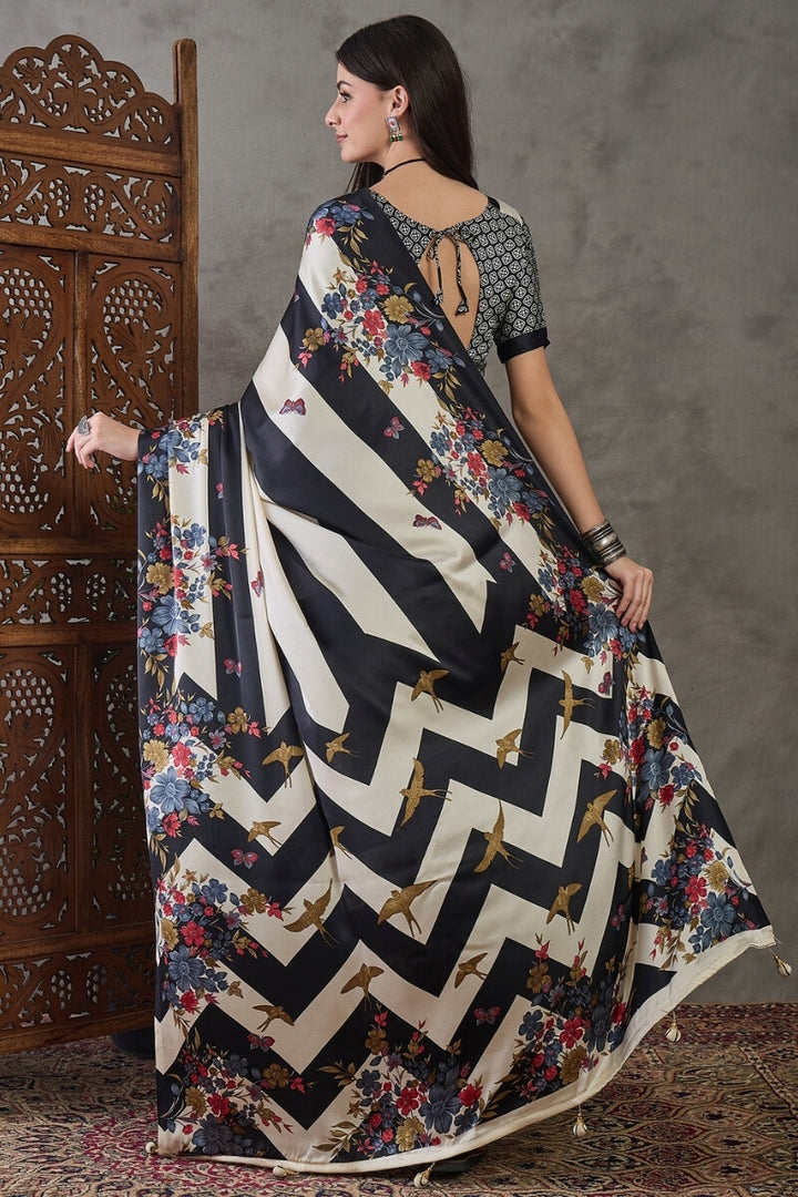 Thunder Black Stripe Printed Satin Silk Saree