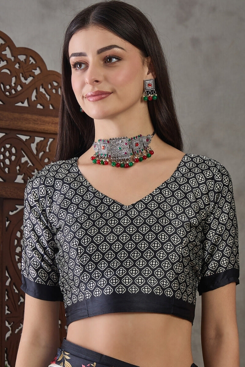 Thunder Black Stripe Printed Satin Silk Saree