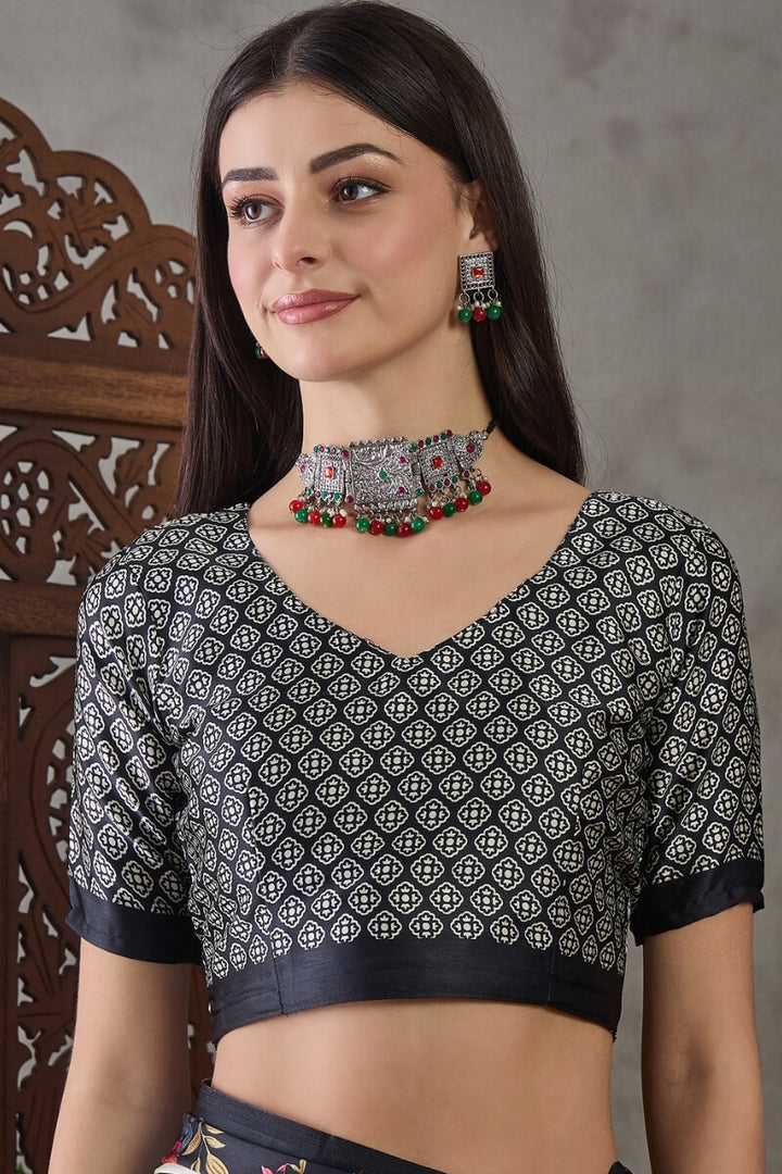 Thunder Black Stripe Printed Satin Silk Saree