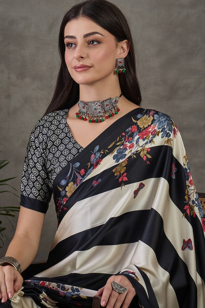 Thunder Black Stripe Printed Satin Silk Saree