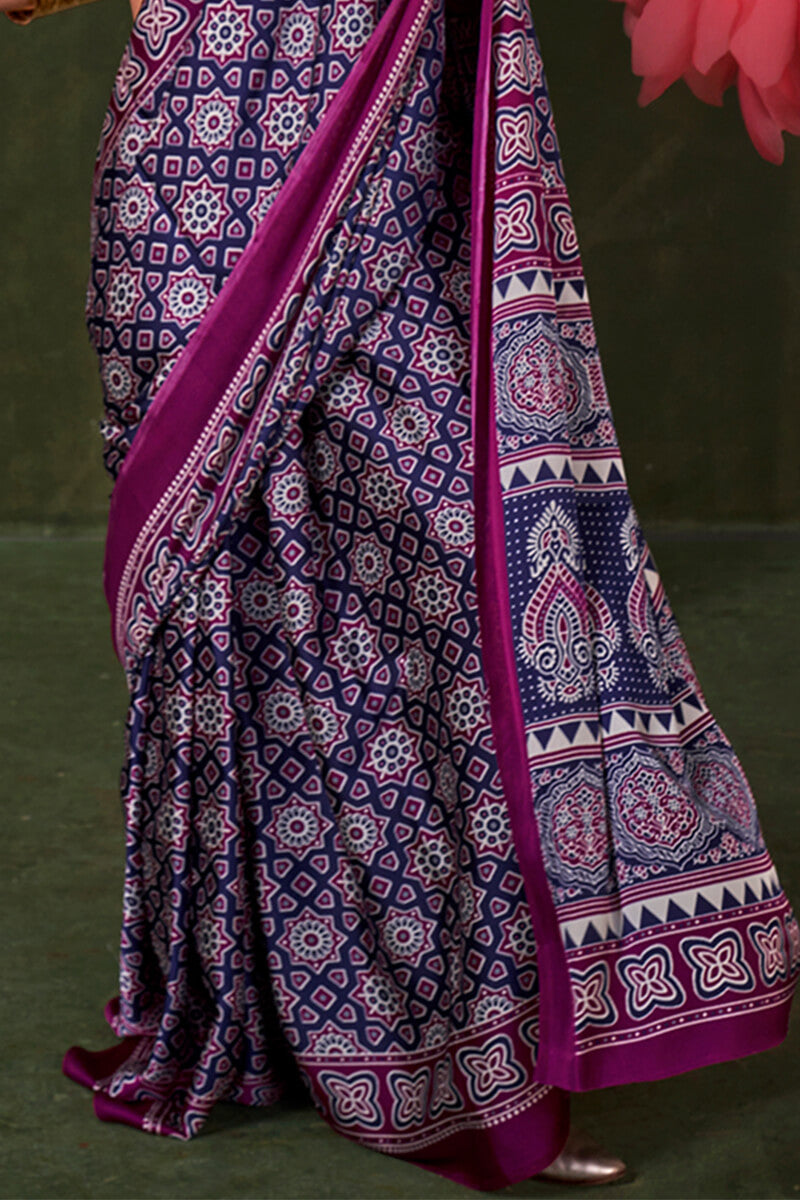 Thunder Blue Ajrakh Printed Satin Silk Saree