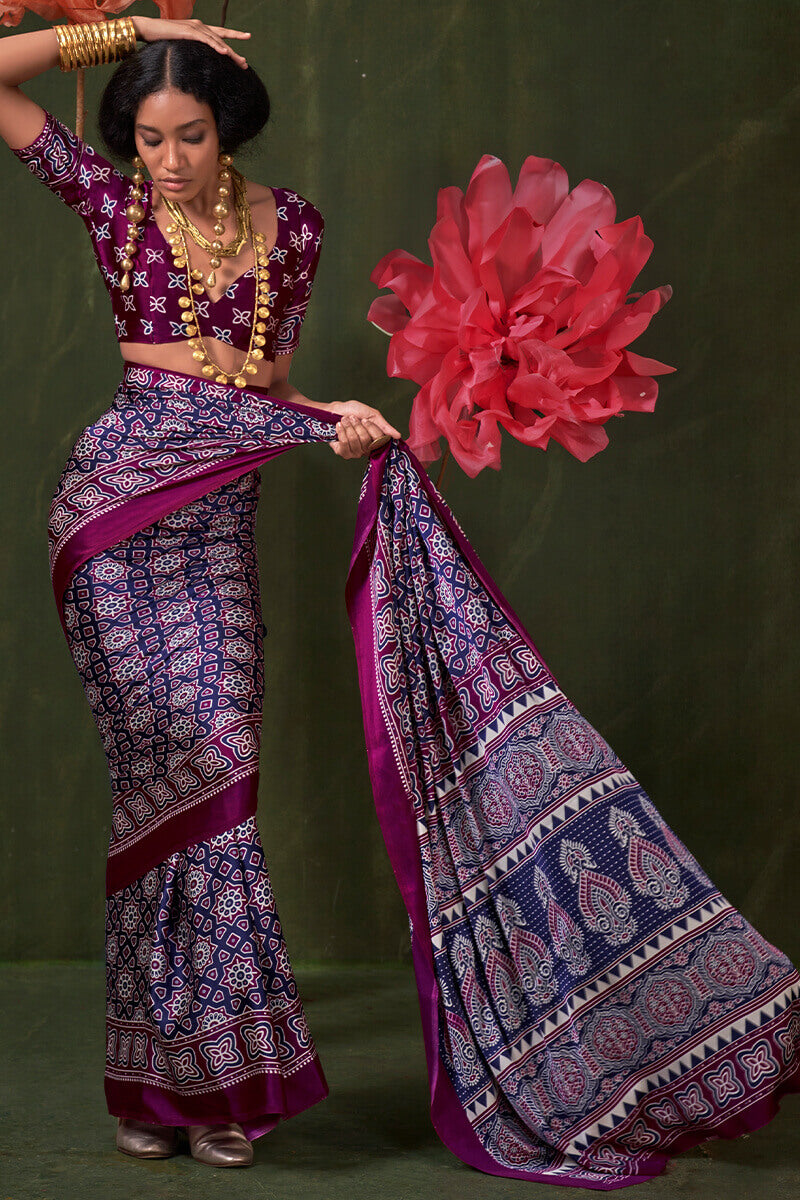 Thunder Blue Ajrakh Printed Satin Silk Saree