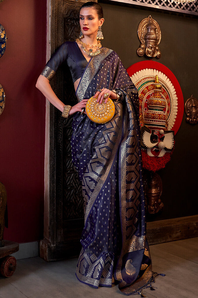Thunder Blue Banarasi Satin Silk Saree