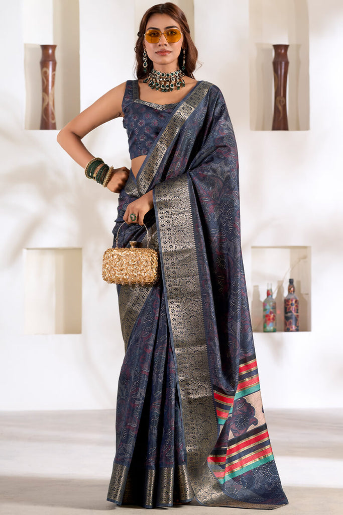 Thunder Blue Foil Printed Dola silk saree