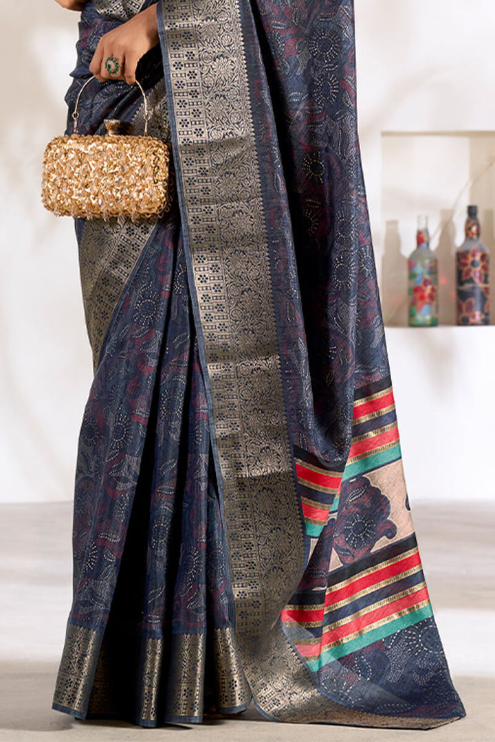 Thunder Blue Foil Printed Dola silk saree