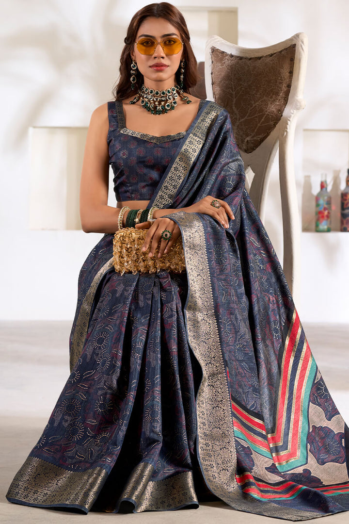 Thunder Blue Foil Printed Dola silk saree