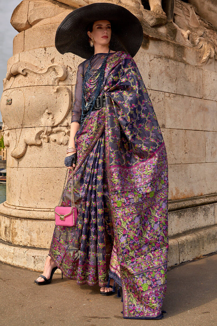 Thunder Blue Kashmiri Weaving Organza Silk Saree