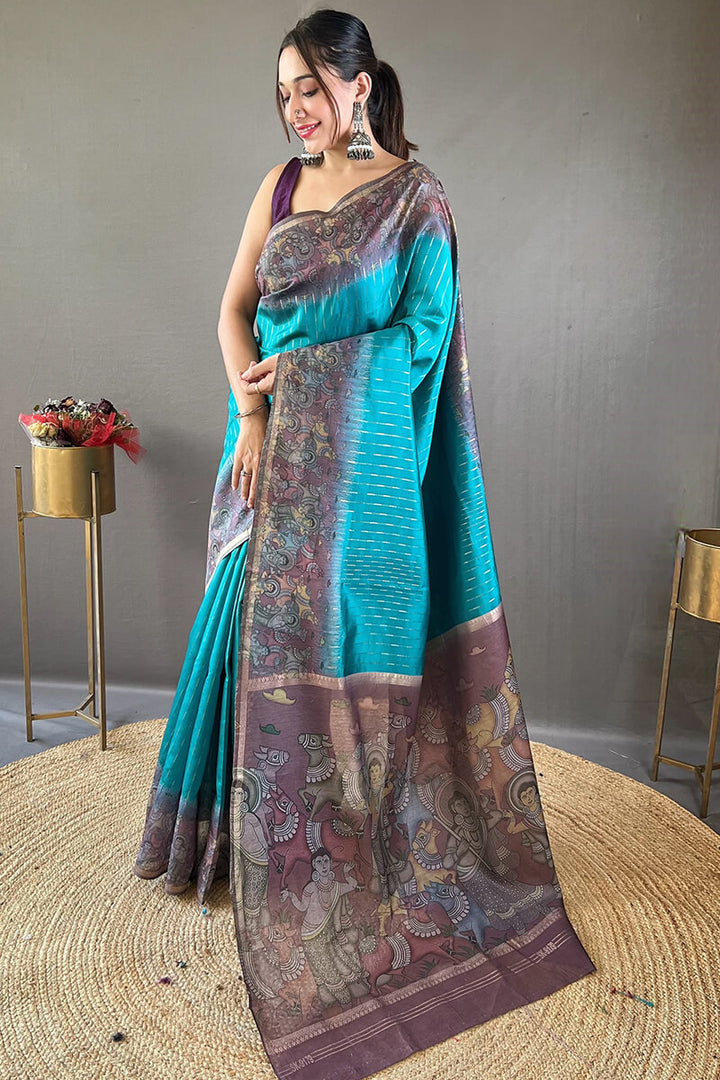 Tiffany Blue Printed Chanderi silk saree